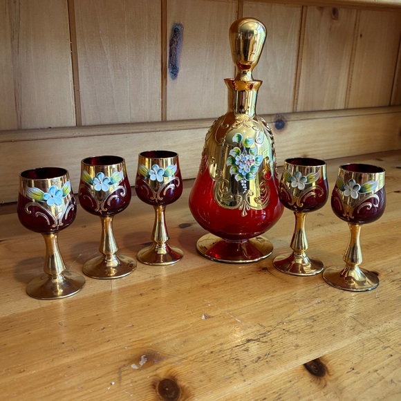 Murano Other - Vintage Ruby Red Murano Handblown Glass Decanter Set 24 Karat Gold